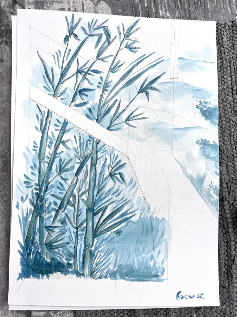 mural-galerie—fresque-murale-exterieure-bambou-japonisant-vegetal-bleu-vert