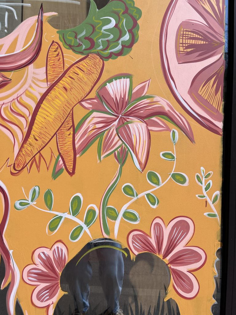 mural-galerie—decor-vitrine-biocoop-la-colline-vache-orange-fruit-legume-gros-plan