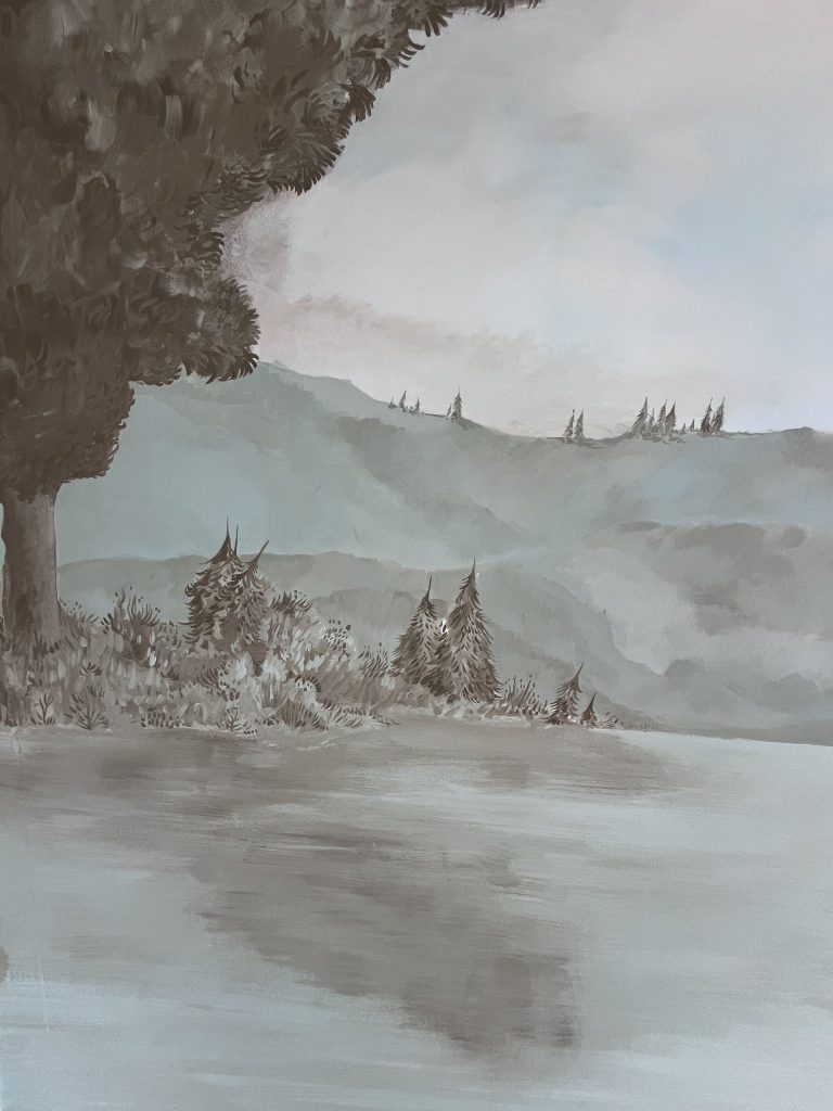 mural-galerie—fresque-murale-chevaux-style-classique-vert-sauge-chambre-coucher-paysage